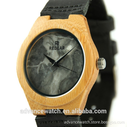 2017 wholesale quartz wood watch with genuine leather and natural marble stone watch face for popular people